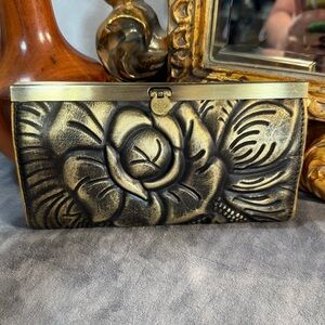 Patricia Nash Metallic Gold Embossed Floral Clutch / Wallet